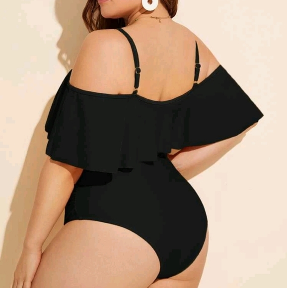One Piece Black Swim Suit Off the Shoulder - Picture 2 of 11